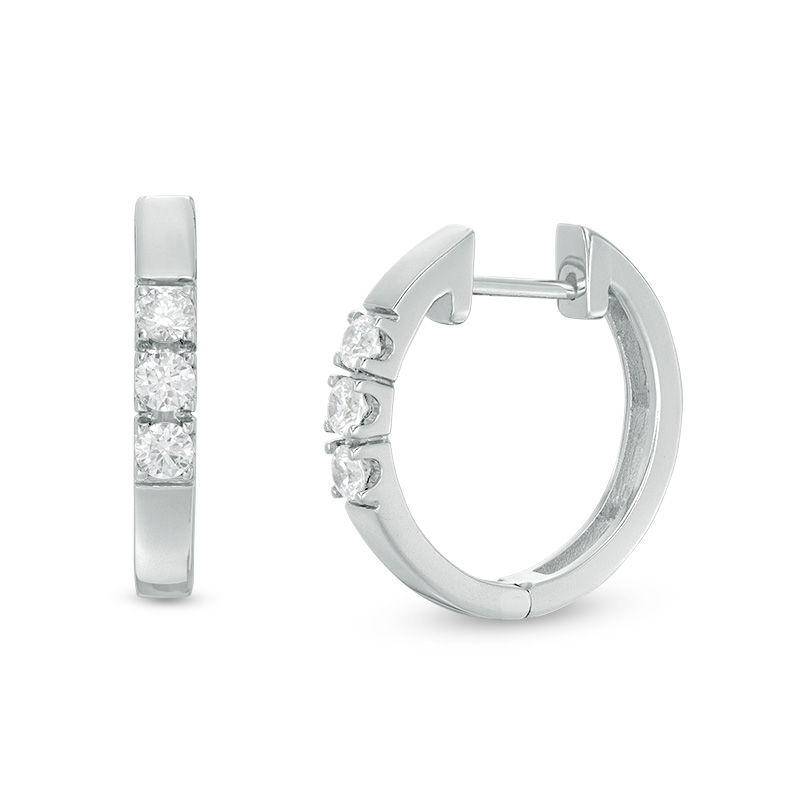 Main Image 1 of 3/8 CT. T.W. Diamond Three Stone Hoop Earrings in 10K White Gold