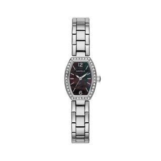 Ladies' Caravelle by Bulova Stainless Steel Watch with Black Mother-of-Pearl Dial and Crystal Accents (Model: 43L204)