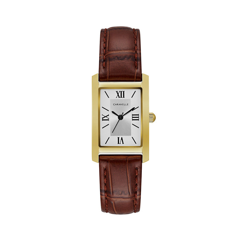 Ladies' Caravelle by Bulova Gold-Tone Strap Watch with Rectangular Silver-Tone Dial (Model: 44L234)