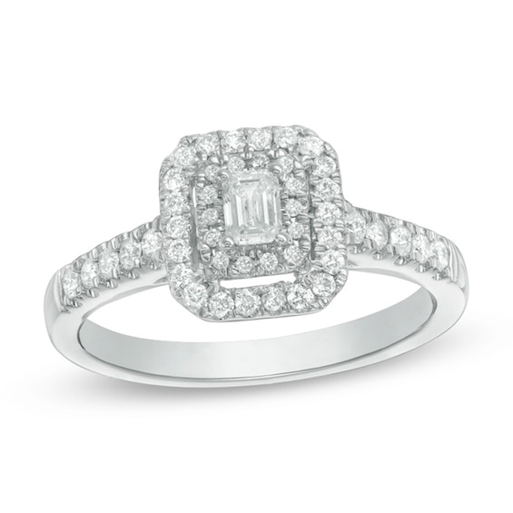 1/2 CT. T.w. Emerald-Cut Diamond Double Frame Engagement Ring in 14K White Gold