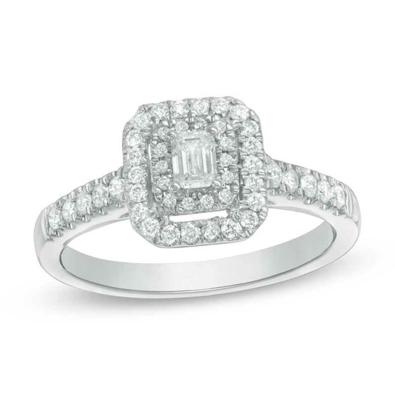 Main Image 1 of 1/2 CT. T.W. Emerald-Cut Diamond Double Frame Engagement Ring in 14K White Gold