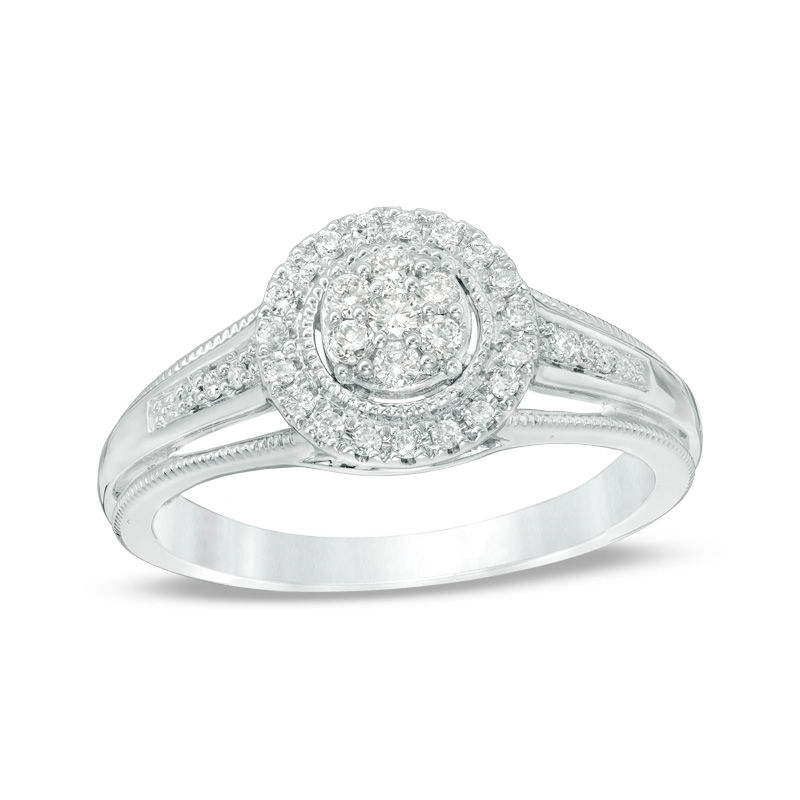 1/4 CT. T.W. Composite Diamond Frame Vintage-Style Engagement Ring in 10K White Gold