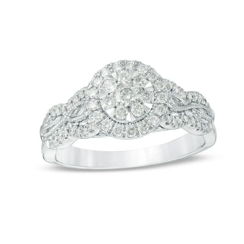 Main Image 1 of 1/2 CT. T.W. Composite Diamond Frame Twist Vintage-Style Engagement Ring in 10K White Gold