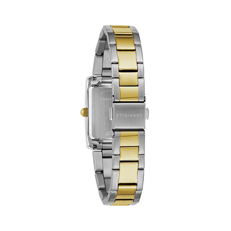 Ladies' Caravelle by Bulova Two-Tone Watch with Rectangular Silver-Tone Dial (Model: 45L167)
