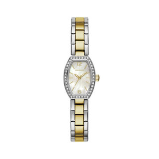 Ladies' Caravelle by Bulova Two-Tone Stainless Steel Watch with Mother-of-Pearl Dial and Crystal Accents (Model: 45L168)