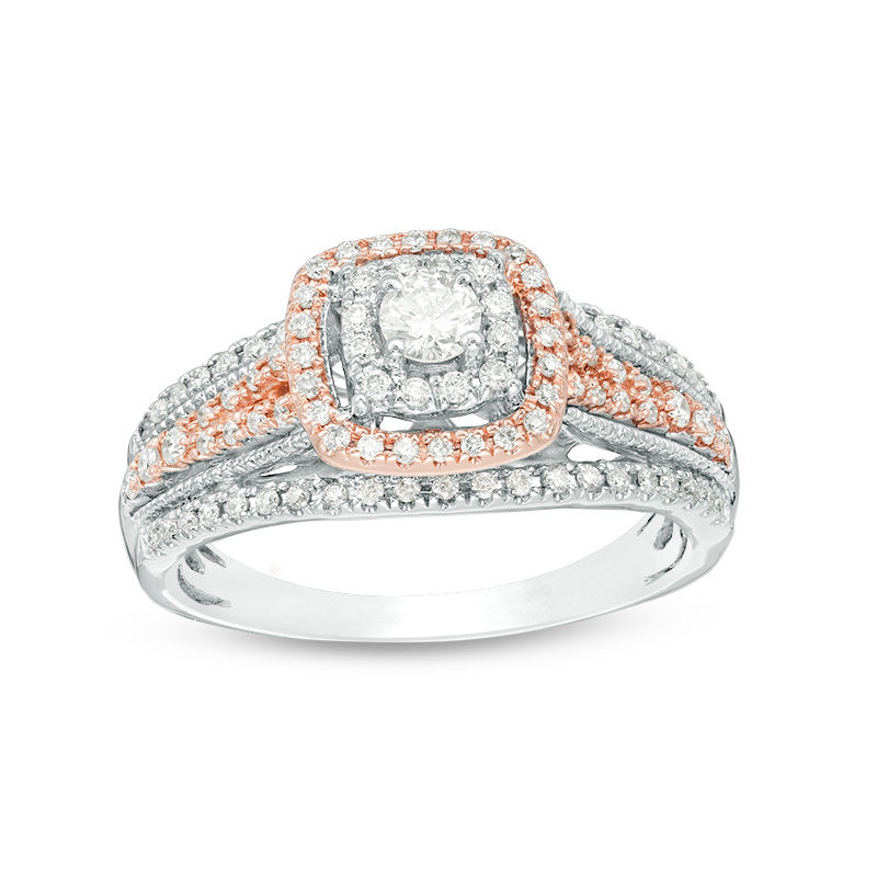 Main Image 1 of 1/2 CT. T.W. Diamond Double Cushion Frame Engagement Ring in 10K Two-Tone Gold