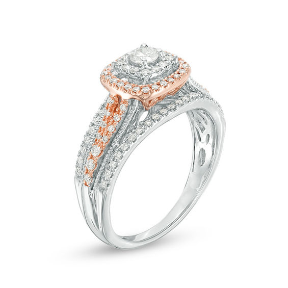 1/2 CT. T.w. Diamond Double Cushion Frame Engagement Ring in 10K Two-Tone Gold