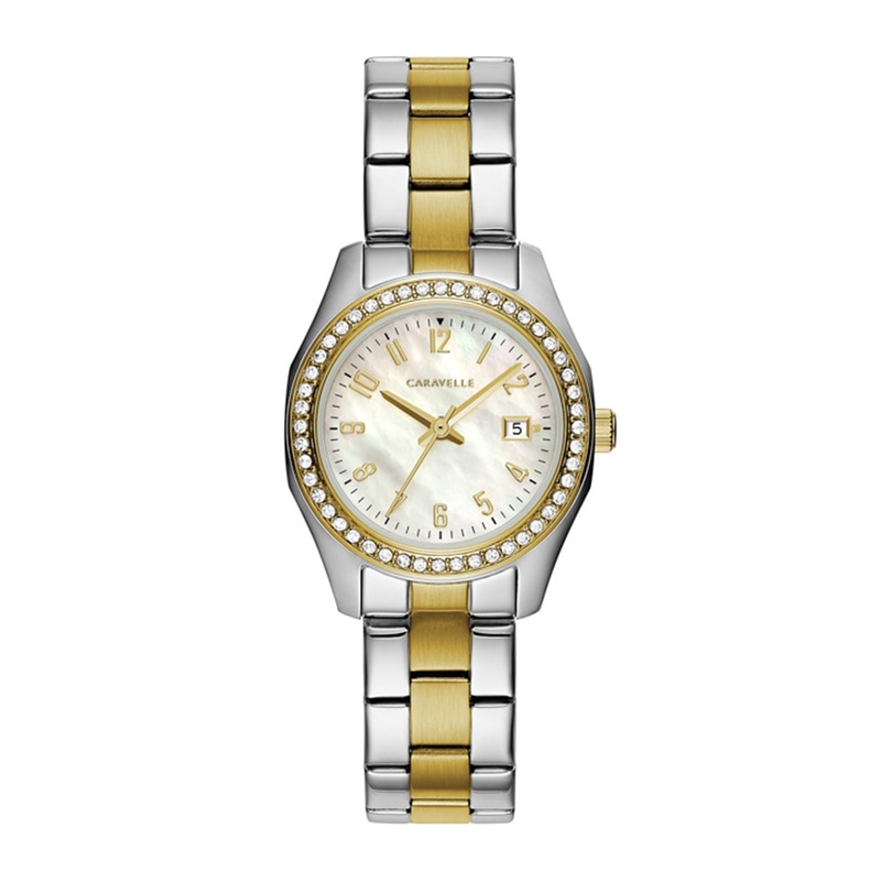 Ladies' Caravelle by Bulova Petite Collection Crystal Accent Two-Tone Watch with Mother-of-Pearl Dial (Model: 45M113)