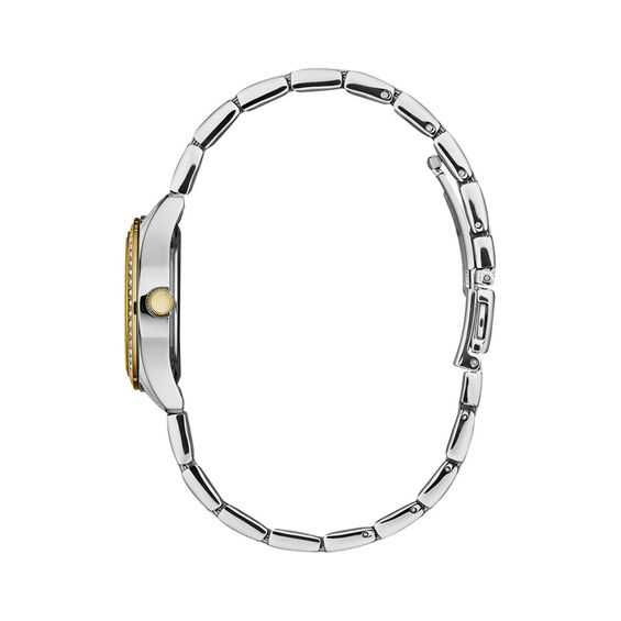 Ladies' Caravelle by Bulova Petite Collection Crystal Accent Two-Tone Watch with Mother-of-Pearl Dial (Model: 45M113)