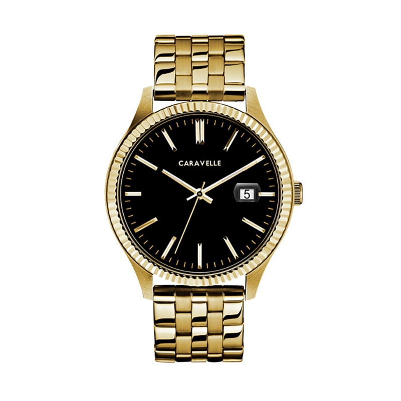 Men's Caravelle by Bulova Gold-Tone Watch with Black Dial (Model: 44B121)