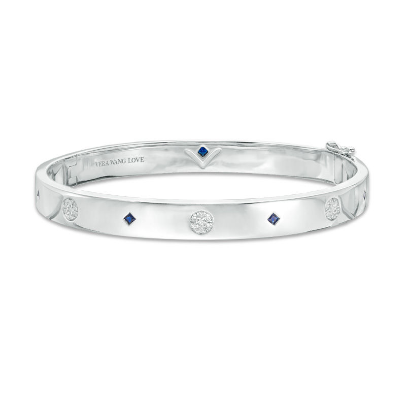 Main Image 1 of Vera Wang Love Collection Princess-Cut Blue Sapphire and 1/8 CT. T.W. Diamond Bangle in Sterling Silver - 7.5"