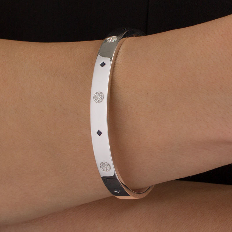 Main Image 2 of Vera Wang Love Collection Princess-Cut Blue Sapphire and 1/8 CT. T.W. Diamond Bangle in Sterling Silver - 7.5"