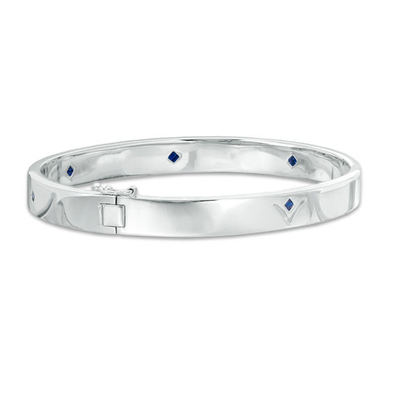 Vera Wang Love Collection Princess-Cut Blue Sapphire and 1/8 CT. T.w. Diamond Bangle in Sterling Silver - 7.5"