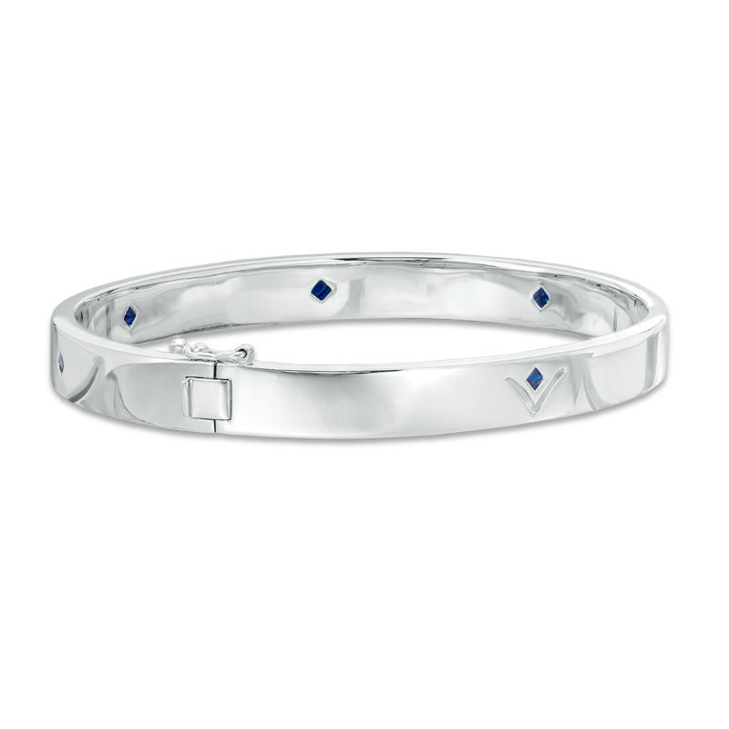Main Image 3 of Vera Wang Love Collection Princess-Cut Blue Sapphire and 1/8 CT. T.W. Diamond Bangle in Sterling Silver - 7.5"