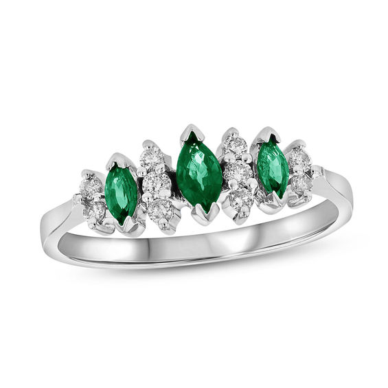Marquise Emerald and 1/6 CT. T.w. Diamond Seven Stone Illusion Anniversary Ring in 14K White Gold