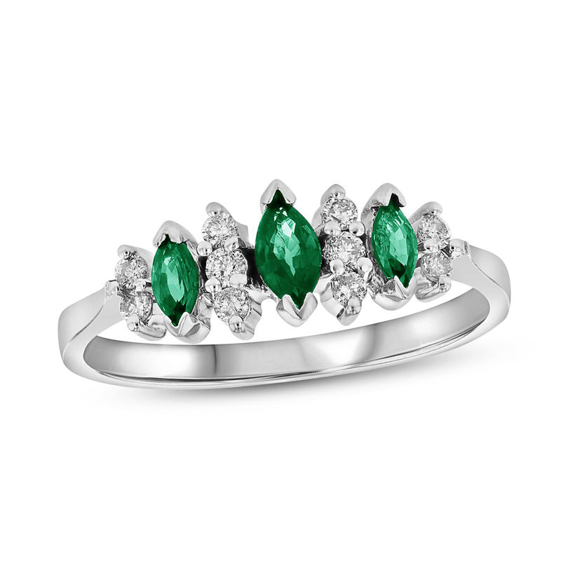 Marquise Emerald and 1/6 CT. T.W. Diamond Seven Stone Illusion Anniversary Ring in 14K White Gold