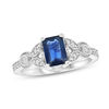 Thumbnail Image 0 of Emerald-Cut Blue Sapphire and 1/6 CT. T.W. Diamond Vintage-Style Floral Ring in 14K White Gold