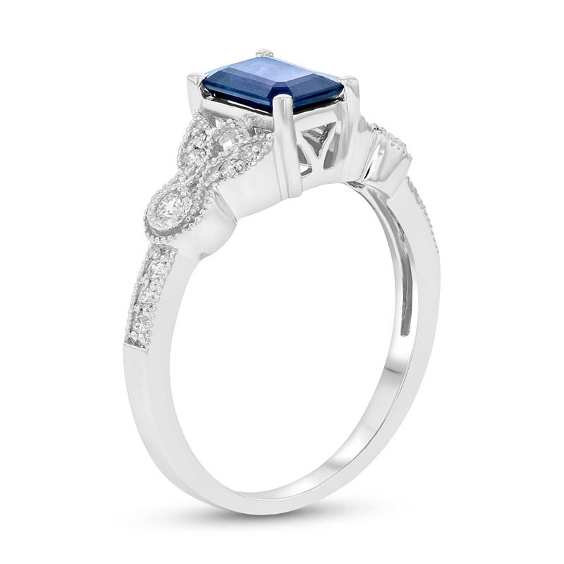 Emerald-Cut Blue Sapphire and 1/6 CT. T.W. Diamond Vintage-Style Floral Ring in 14K White Gold