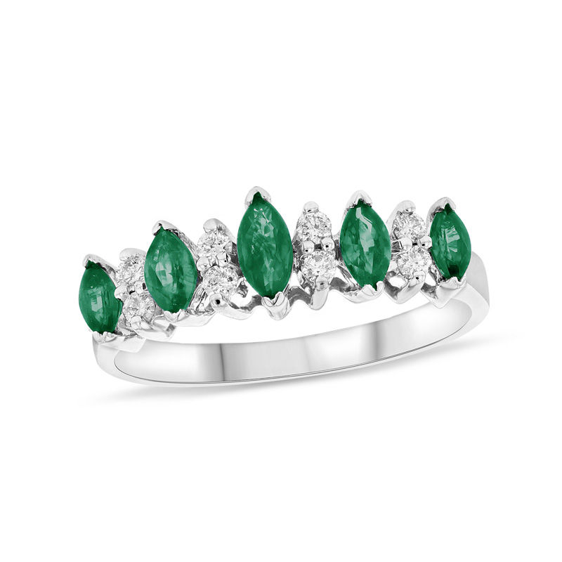 Marquise Emerald and 1/8 CT. T.W. Diamond Nine Stone Illusion Ring in 14K White Gold