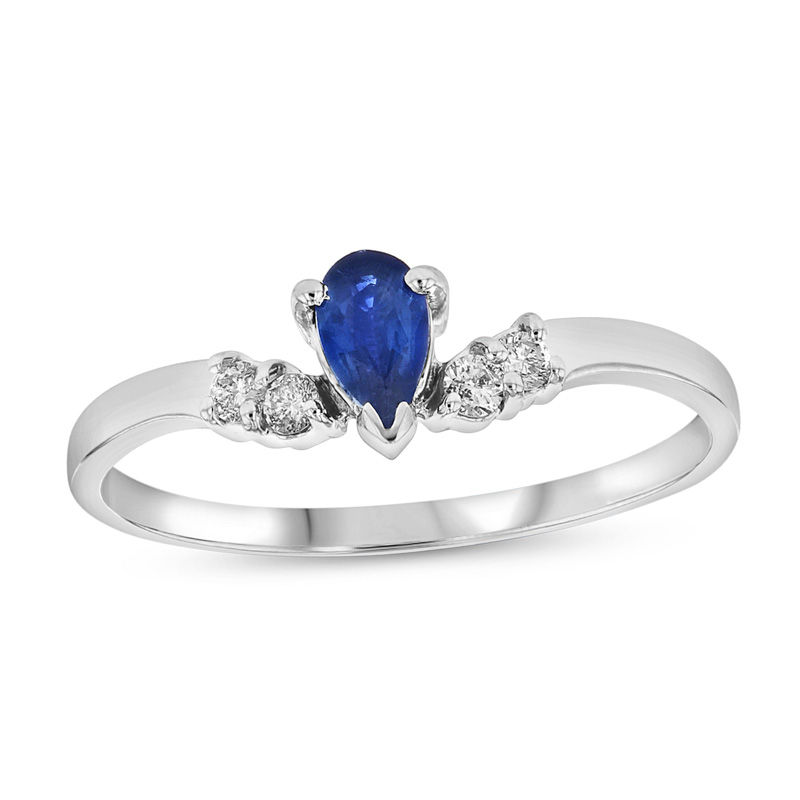 Pear-Shaped Blue Sapphire and 1/15 CT. T.W. Diamond Chevron Ring in 14K White Gold