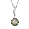 Thumbnail Image 1 of 8.0-9.0mm Tahitian Cultured Pearl and Lab-Created White Sapphire Drop Pendant in Sterling Silver