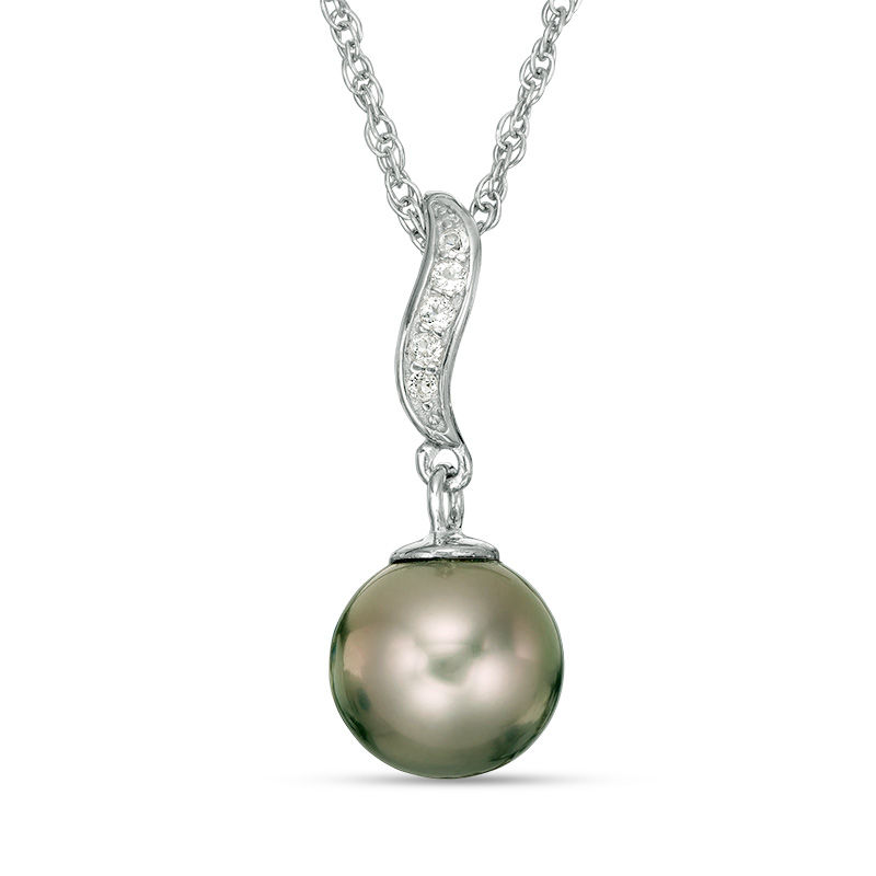 Main Image 1 of 8.0-9.0mm Tahitian Cultured Pearl and Lab-Created White Sapphire Drop Pendant in Sterling Silver