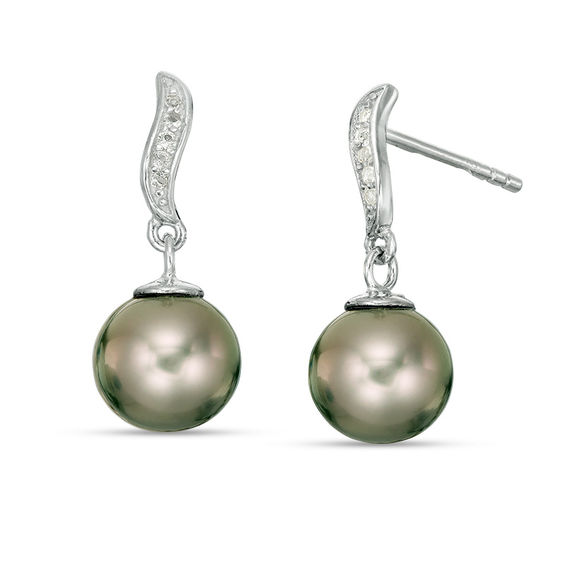 8.0-9.0mm Tahitian Cultured Pearl and Lab-Created White Sapphire Drop Earrings in Sterling Silver