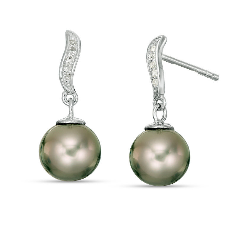 Main Image 1 of 8.0-9.0mm Tahitian Cultured Pearl and Lab-Created White Sapphire Drop Earrings in Sterling Silver