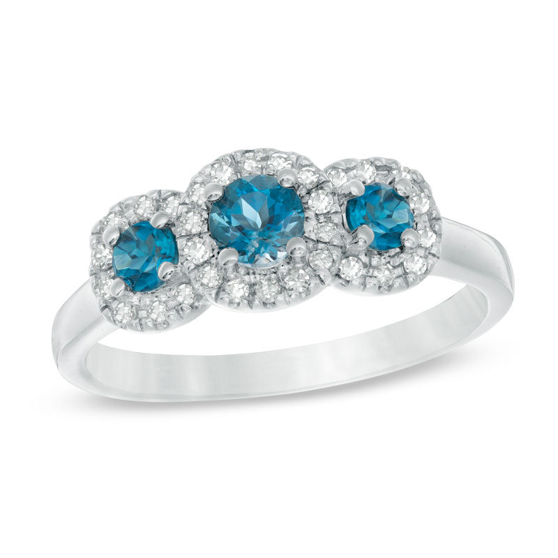 London Blue Topaz and Lab-Created White Sapphire Frame Three Stone Ring in Sterling Silver