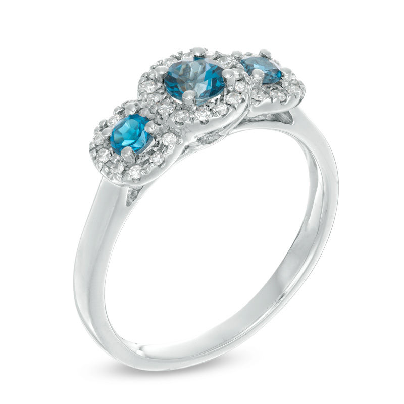 London Blue Topaz and Lab-Created White Sapphire Frame Three Stone Ring in Sterling Silver
