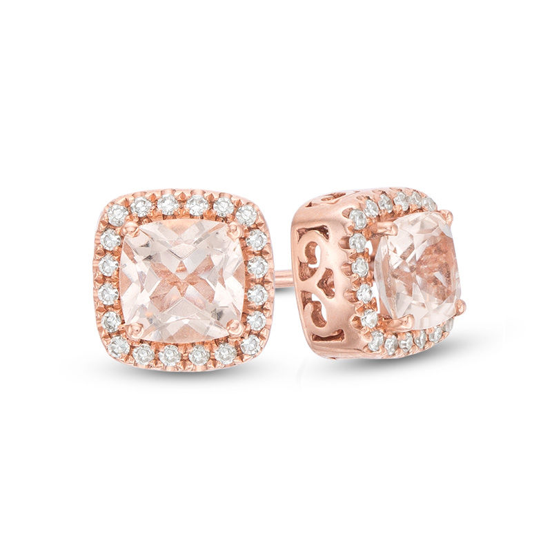 Main Image 1 of 5.0mm Cushion-Cut Morganite and 1/10 CT. T.W. Diamond Frame Stud Earrings in 10K Rose Gold