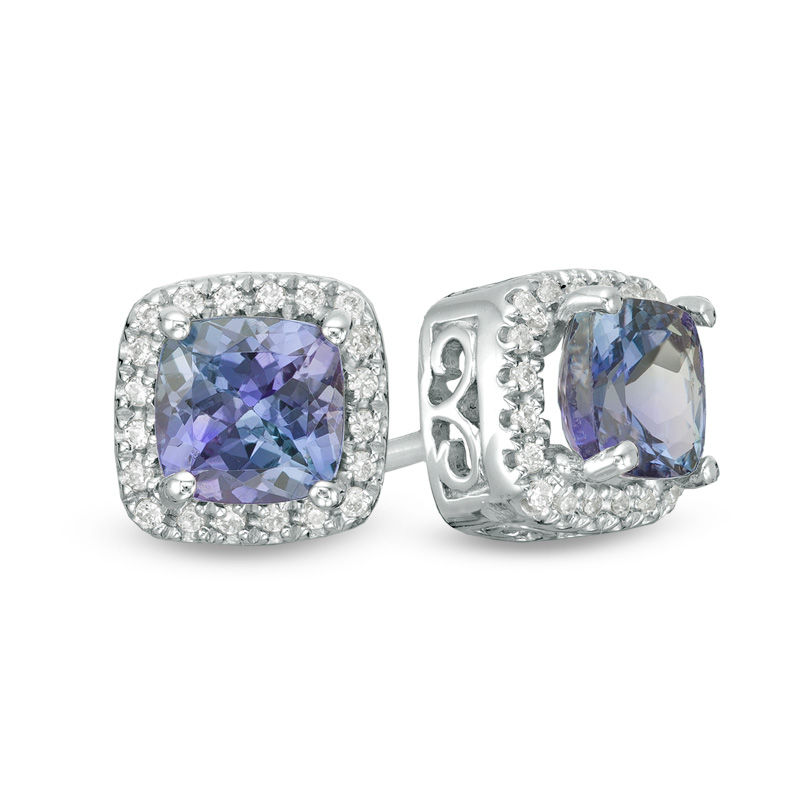 Main Image 1 of 5.0mm Cushion-Cut Tanzanite and 1/10 CT. T.W. Diamond Frame Stud Earrings in 10K White Gold