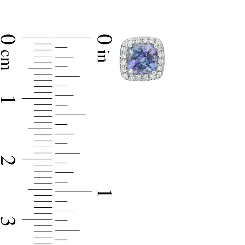 Main Image 2 of 5.0mm Cushion-Cut Tanzanite and 1/10 CT. T.W. Diamond Frame Stud Earrings in 10K White Gold