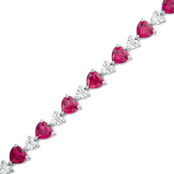 Heart-Shaped Lab-Created Ruby and White Sapphire Line Bracelet in Sterling Silver - 7.25"