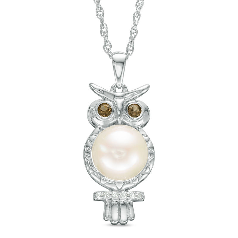 Main Image 1 of 7.5-8.0mm Freshwater Cultured Pearl, Smoky Quartz and Lab-Created White Sapphire Perched Owl Pendant in Sterling Silver
