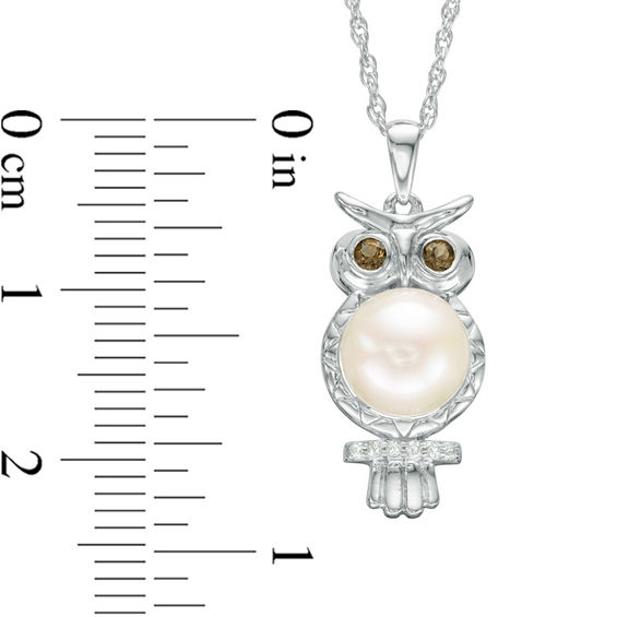 7.5-8.0mm Freshwater Cultured Pearl, Smoky Quartz and Lab-Created White Sapphire Perched Owl Pendant in Sterling Silver