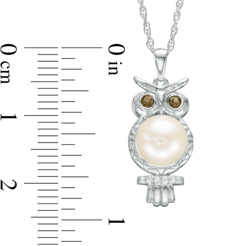 Main Image 2 of 7.5-8.0mm Freshwater Cultured Pearl, Smoky Quartz and Lab-Created White Sapphire Perched Owl Pendant in Sterling Silver