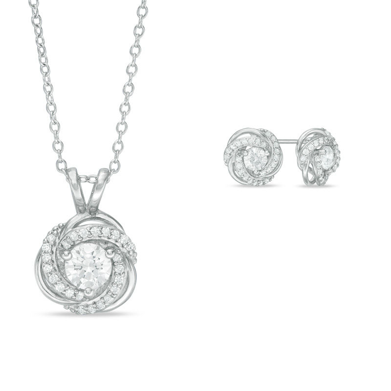Main Image 1 of Lab-Created White Sapphire Love Knot Pendant and Earrings Set in Sterling Silver