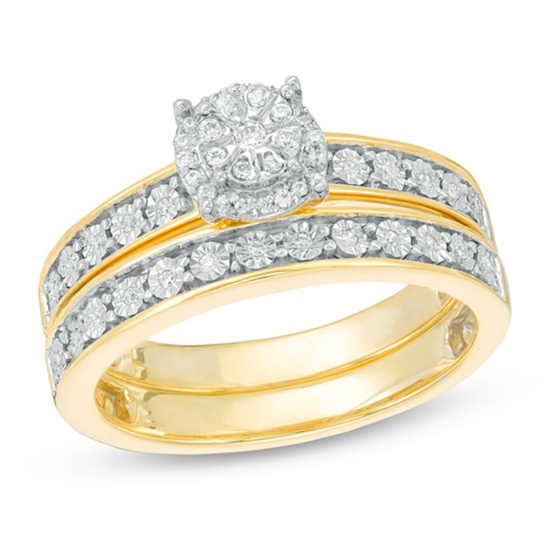 1/6 CT. T.W. Diamond Frame Bridal Set in Sterling Silver with 14K Gold ...