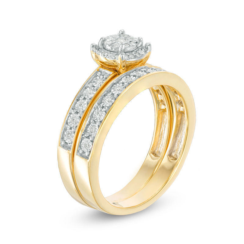 1/6 CT. T.W. Diamond Frame Bridal Set in Sterling Silver with 14K Gold ...