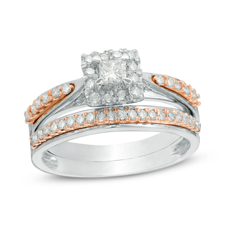 Main Image 1 of 1/2 CT. T.W. Princess-Cut Diamond Frame Bridal Set in 10K Two-Tone Gold