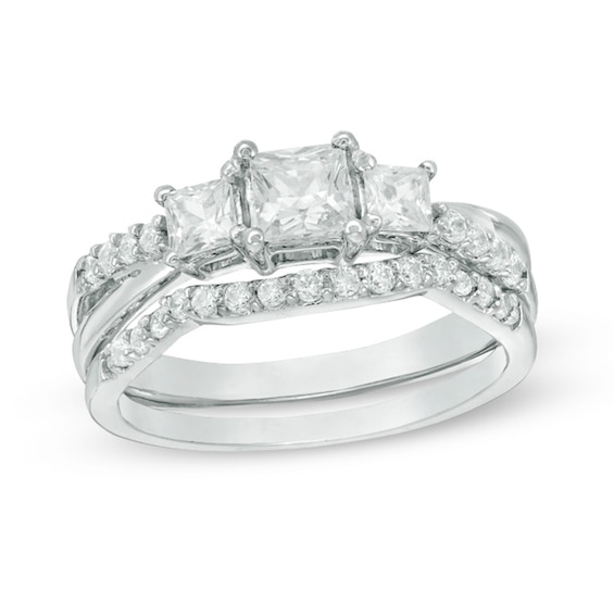 3/4 CT. T.w. Princess-Cut Diamond Three Stone Bridal Set in 10K White Gold