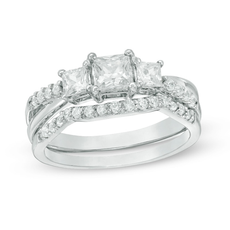 Main Image 1 of 3/4 CT. T.W. Princess-Cut Diamond Three Stone Bridal Set in 10K White Gold