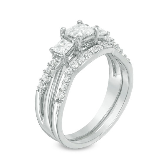 3/4 CT. T.w. Princess-Cut Diamond Three Stone Bridal Set in 10K White Gold
