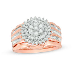 Rose Gold Wedding Rings Zales T W Composite Diamond Frame Multi Row Bridal Set In 10k Rose Gold
