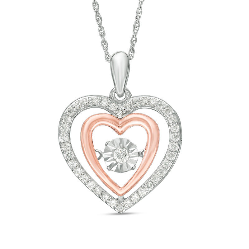 0.37 CT. T.W. Diamond Double Heart Pendant in Sterling Silver and 10K Rose Gold