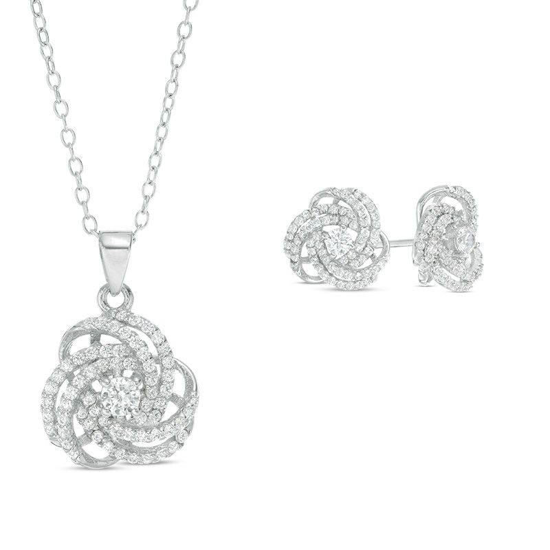 Main Image 1 of Lab-Created White Sapphire Orbit Love Knot Pendant and Stud Earrings Set in Sterling Silver