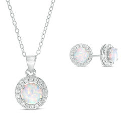 6.0mm Lab-Created Opal and White Sapphire Pendant and Stud Earrings Set in Sterling Silver