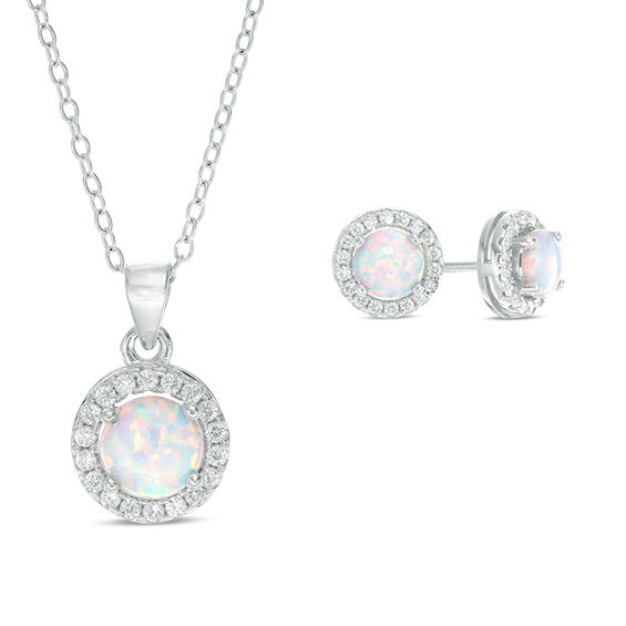 6.0mm Lab Created Opal and White Sapphire Pendant and Stud