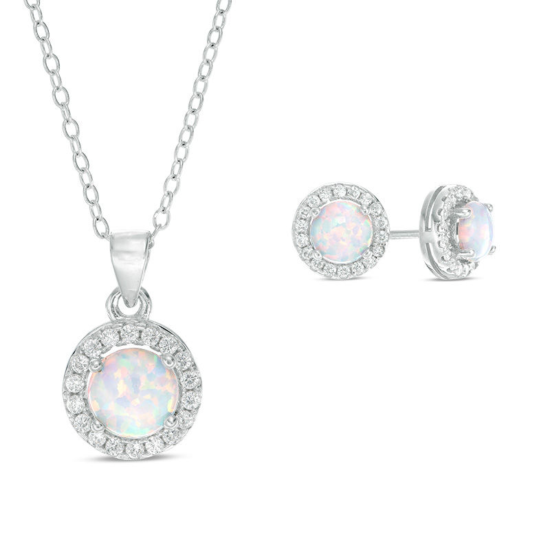 Main Image 1 of 6.0mm Lab-Created Opal and White Sapphire Pendant and Stud Earrings Set in Sterling Silver